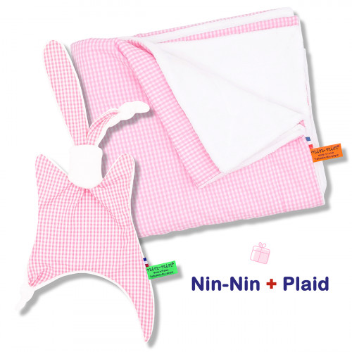 Scatola nascita coperta e plaid Vichy Rose. Originale e prodotto in Francia. Doudou Nin-Nin