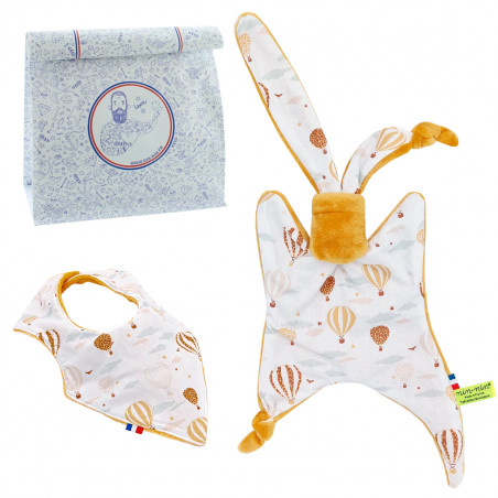 Birth gift baby comforter and bandana bib Montgolfière. Made in France. Nin-Nin