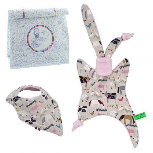 Birth gift baby comforter and bandana bib. Made in France. Nin-Nin