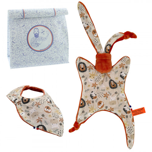 Birth gift baby comforter and bandana bib. Made in France. Nin-Nin