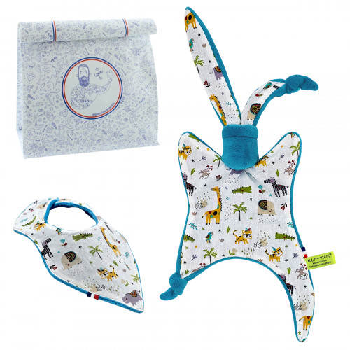 Birth gift baby comforter and bandana bib. Made in France. Nin-Nin