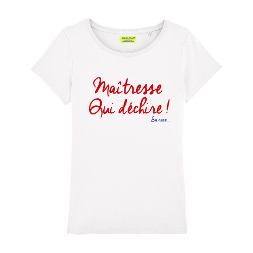 T-shirt bianca per donna ricamata Maitresse che strappa la sua razza. Prodotto francese